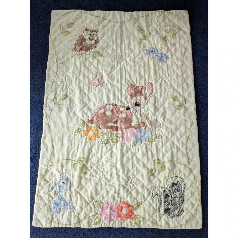 Vintage Disney Bambi Thumper Flower Embroidered Baby Quilt Cream Yellow 30x43